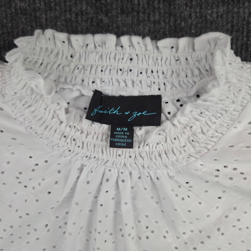 Faith & Zoe Women Medium White Eyelet Smocked Mock Neck Flutter Sleeve Blouse